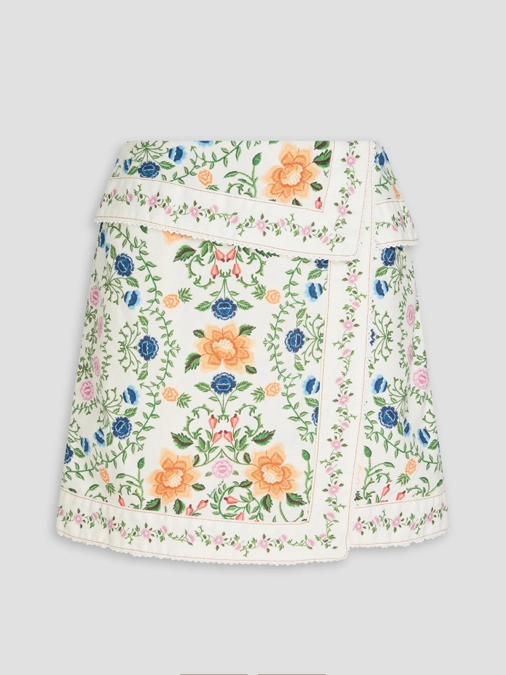 FARM Rio White Mini Skirt with Blue, Orange, Pink & Green Floral Embroidery